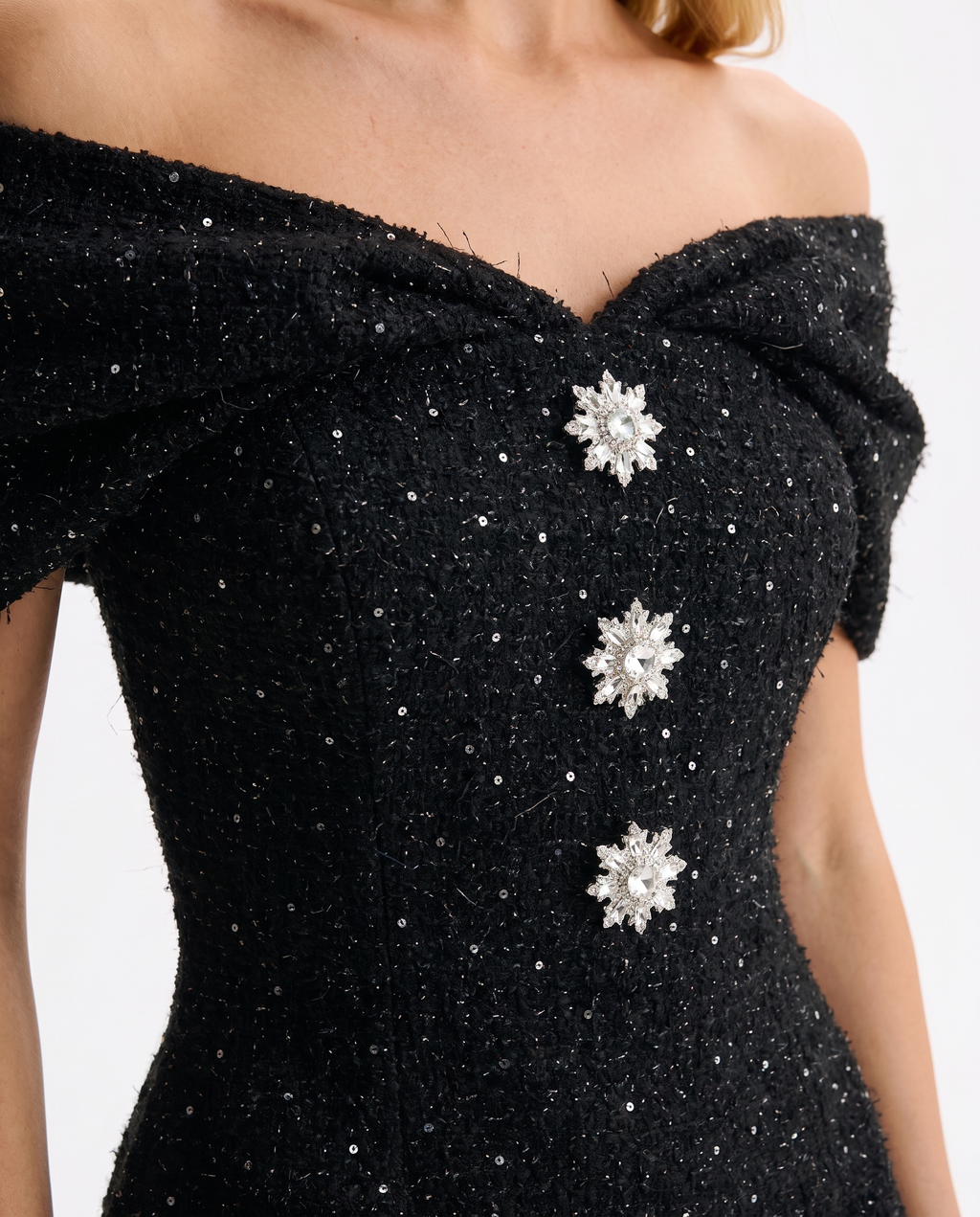 Black Glitter Tweed Mini Dress – Off-Shoulder Christmas Party Dress