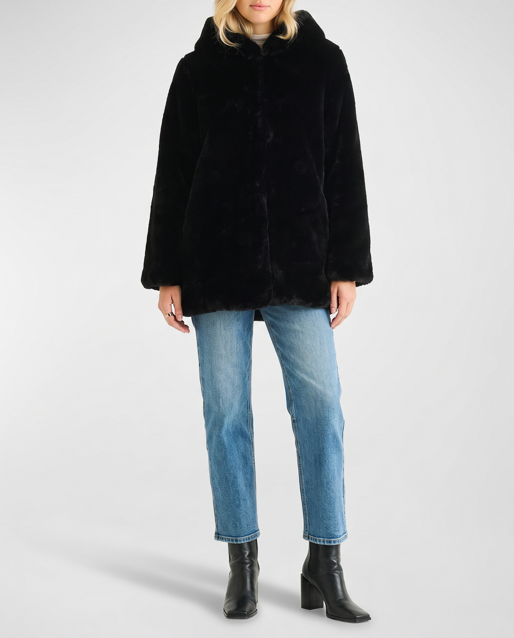 Black Hooded Long Sleeve Faux Fur Jacket