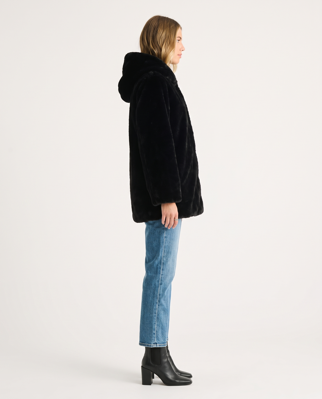 Black Hooded Long Sleeve Faux Fur Jacket