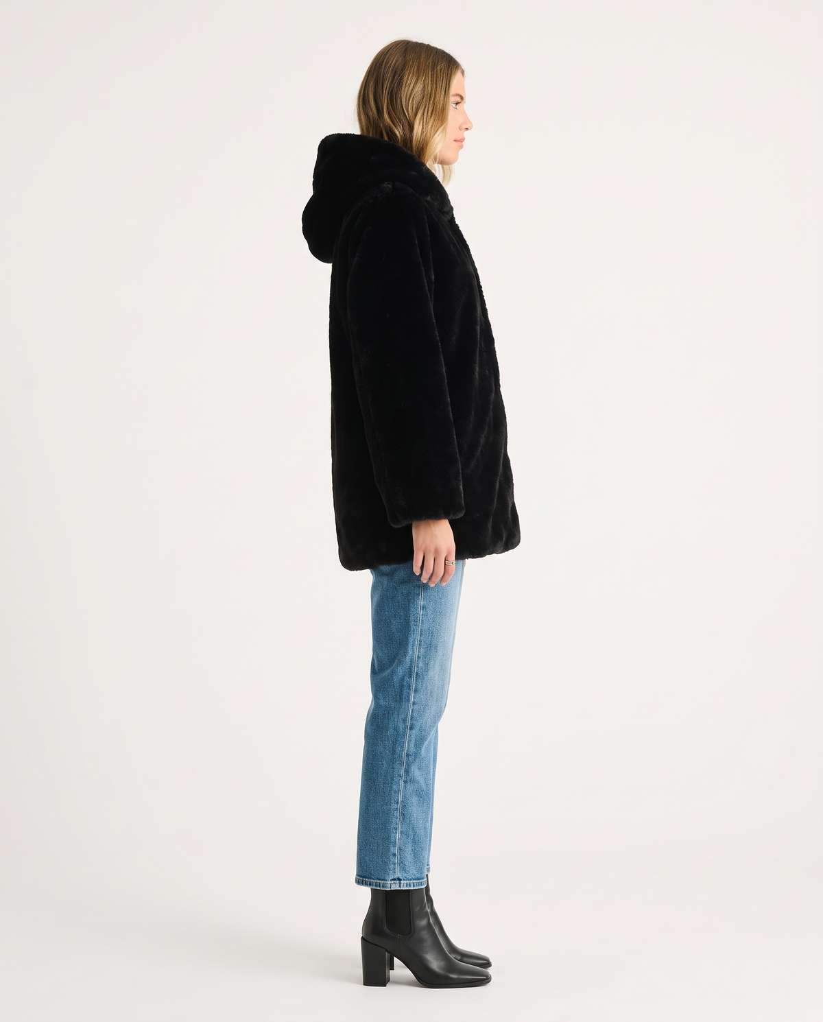 Black Hooded Long Sleeve Faux Fur Jacket
