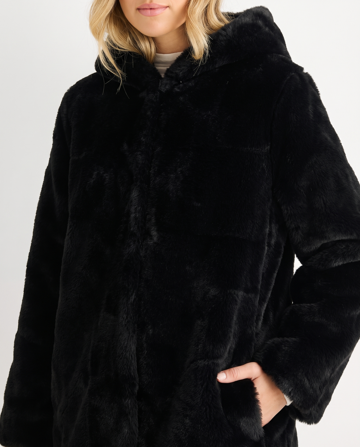 Black Hooded Long Sleeve Faux Fur Jacket