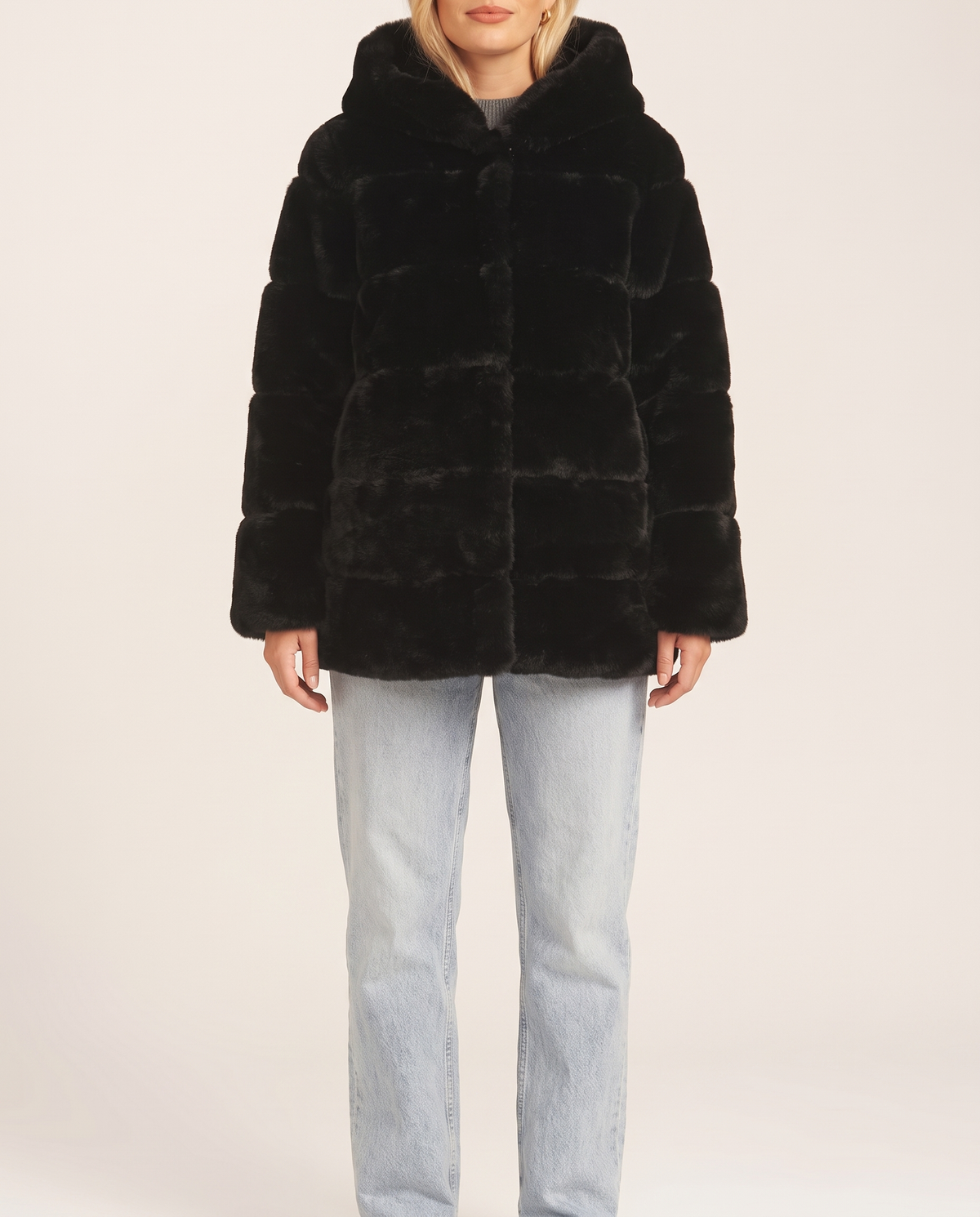 Black Horizontal Cut Fur Hooded Jacket