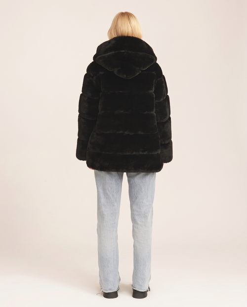 Black Horizontal Cut Fur Hooded Jacket