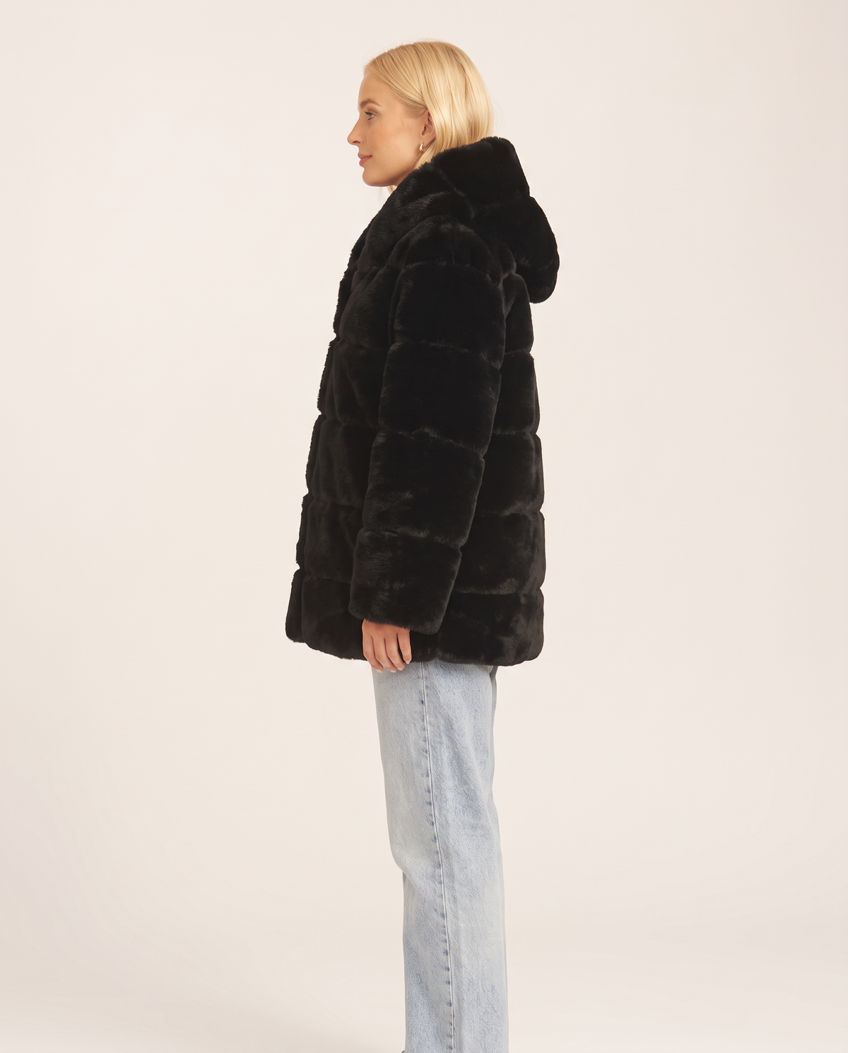 Black Horizontal Cut Fur Hooded Jacket