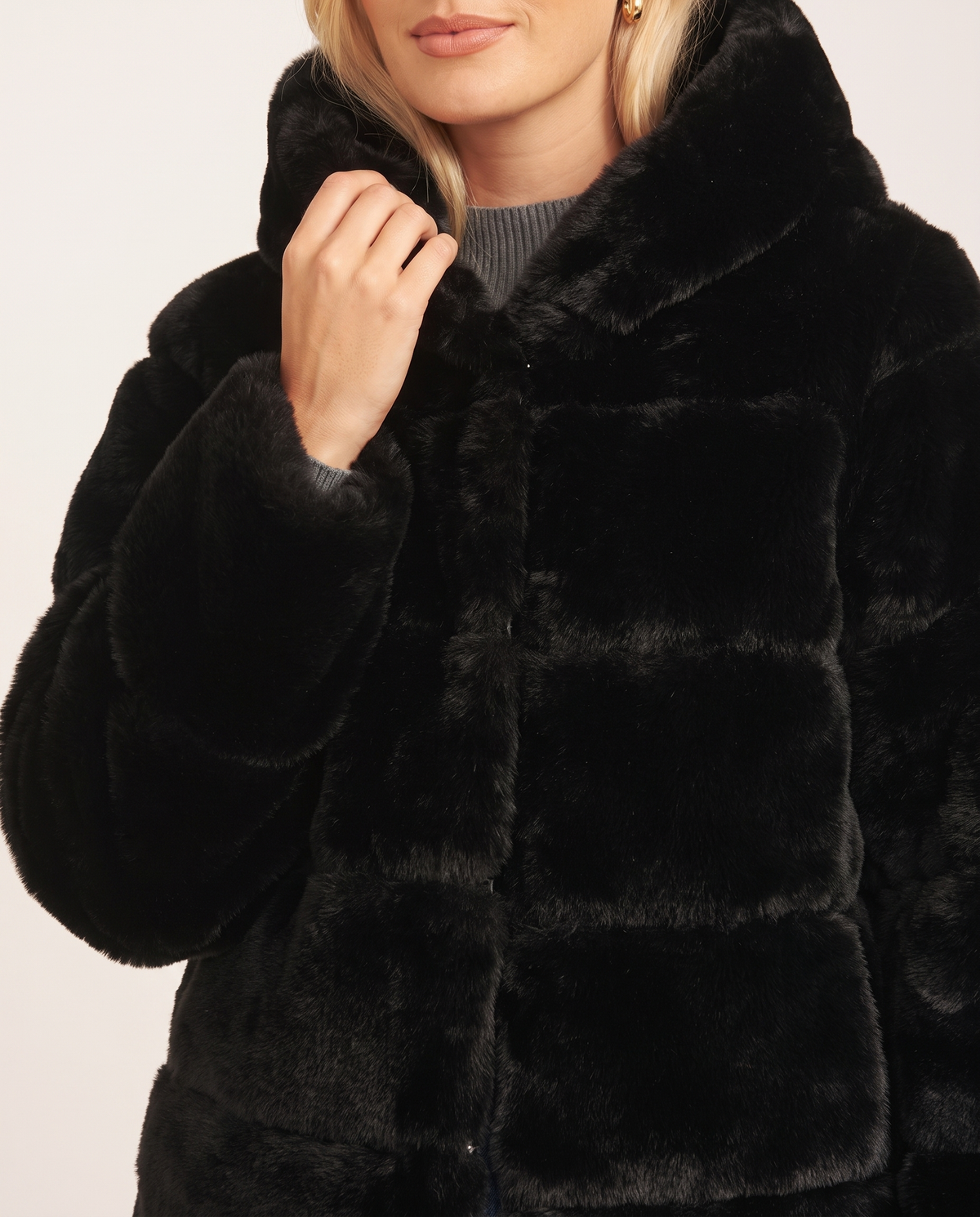 Black Horizontal Cut Fur Hooded Jacket