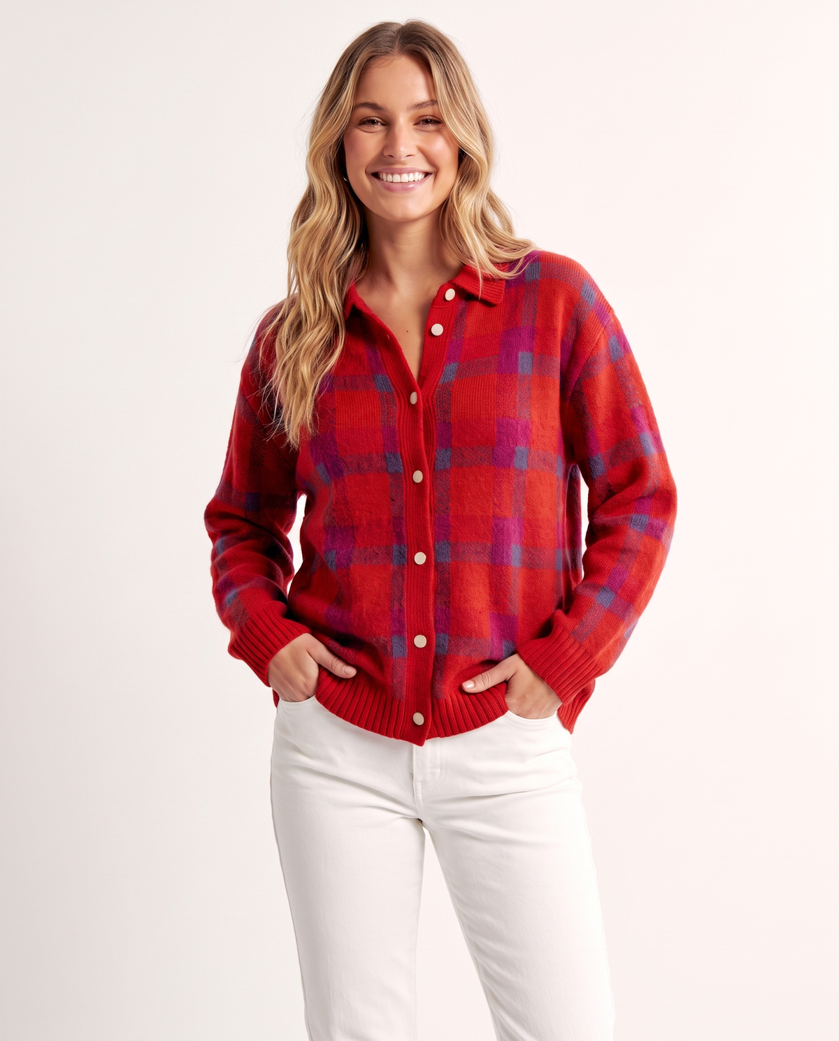 Checked Knitted Button Through Cardigan