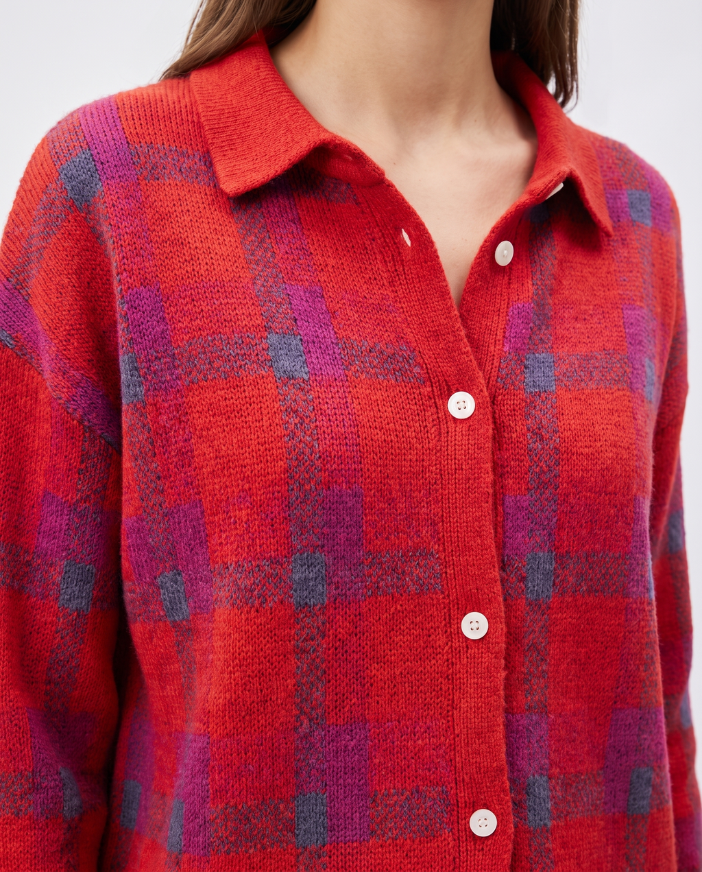 Checked Knitted Button Through Cardigan