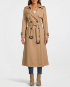 Double Breasted Long Trench Coat with Belt and Check Lining
