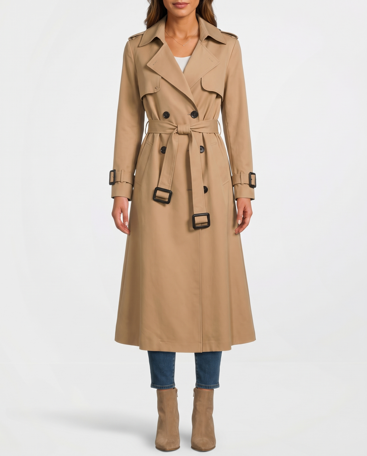 Double Breasted Long Trench Coat with Belt and Check Lining