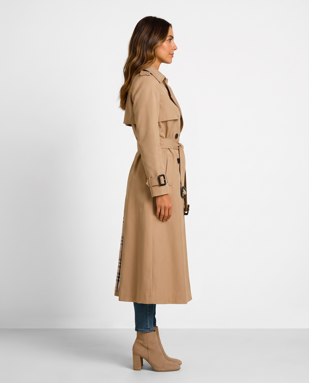 Double Breasted Long Trench Coat with Belt and Check Lining