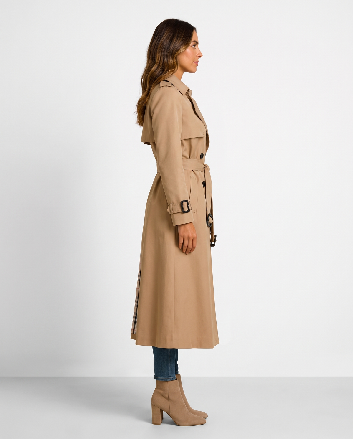 Double Breasted Long Trench Coat with Belt and Check Lining
