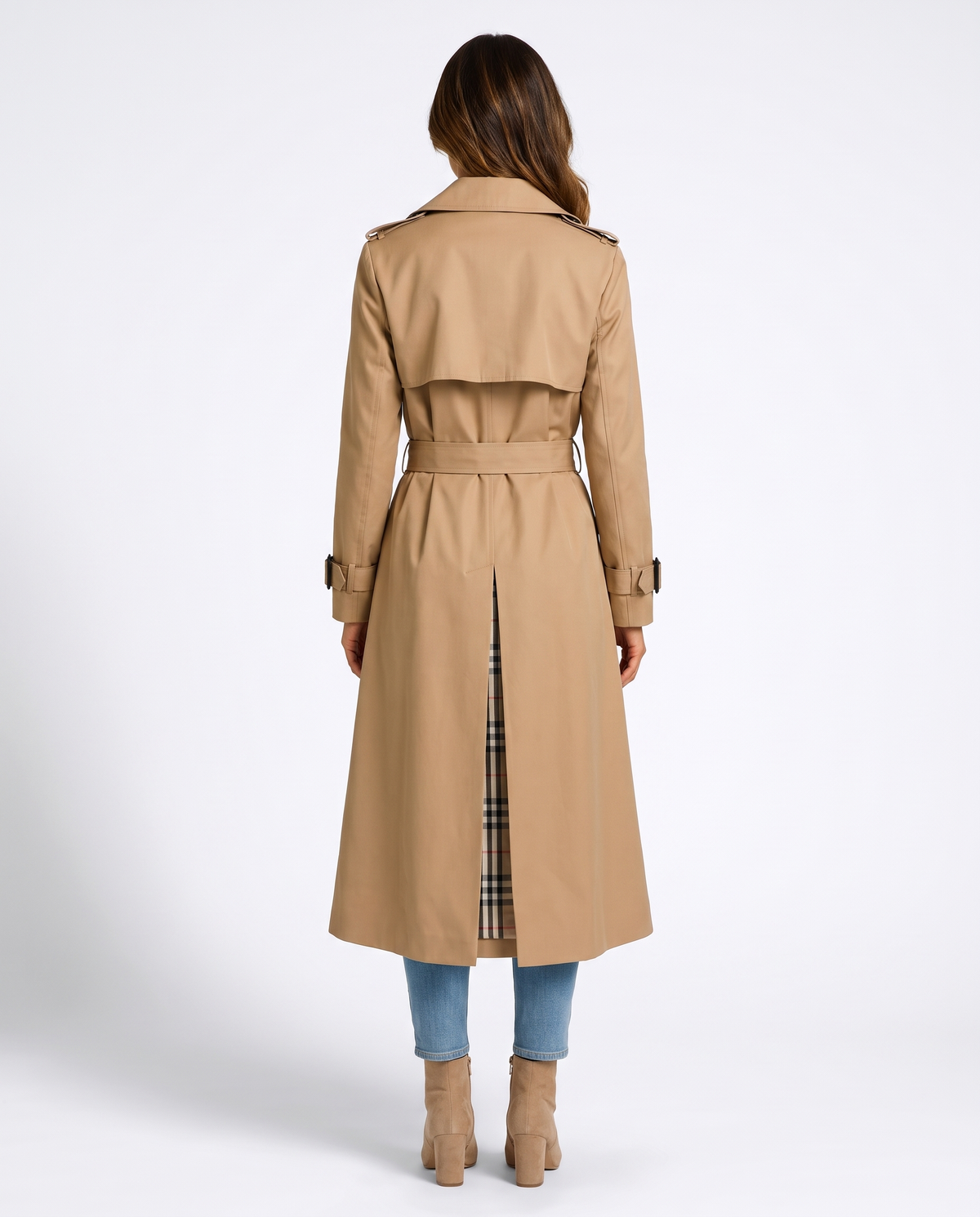 Double Breasted Long Trench Coat with Belt and Check Lining