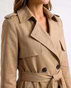 Double Breasted Long Trench Coat with Belt and Check Lining