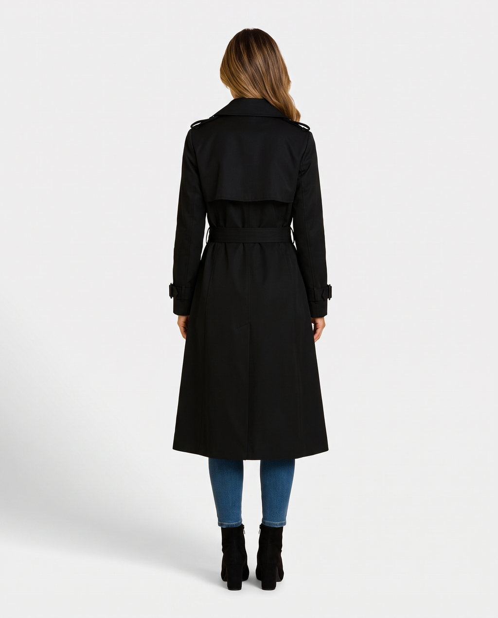 Double Breasted Long Trench Coat with Belt and Check Lining