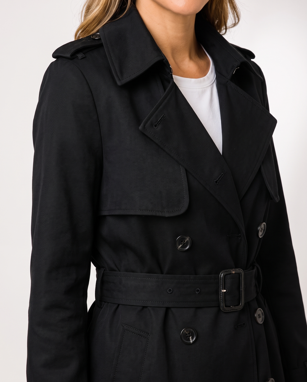 Double Breasted Long Trench Coat with Belt and Check Lining