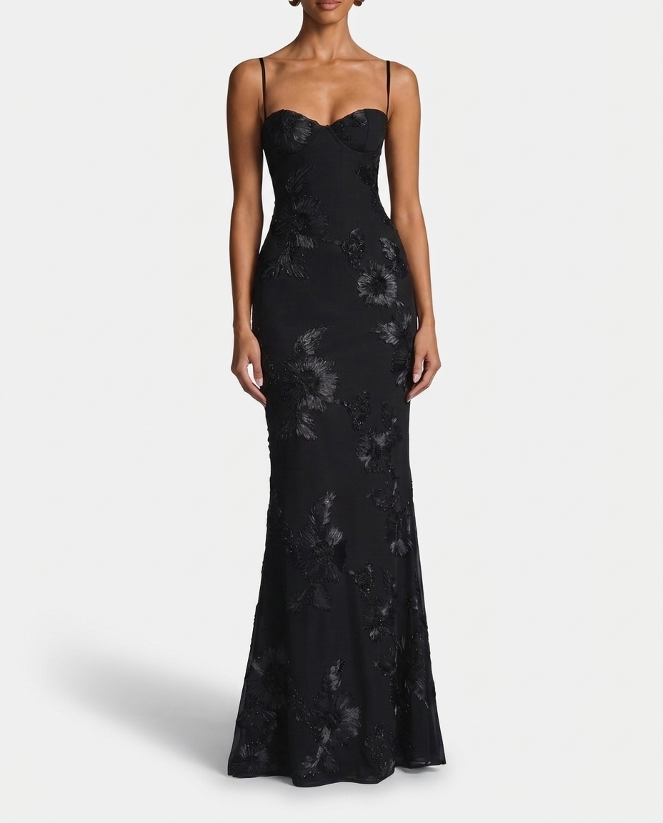 Black Floral Corset Maxi Dress with Lace-Up Back