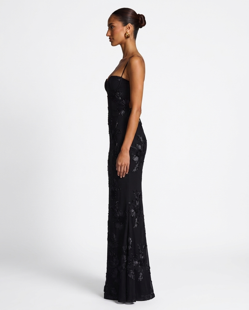 Black Floral Corset Maxi Dress with Lace-Up Back
