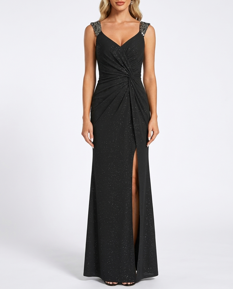 Black Sequin Maxi Dress Draped Formal Gown