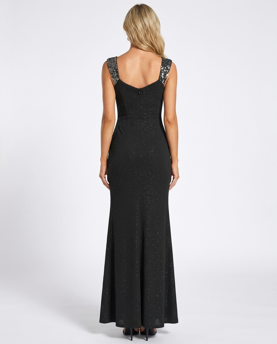 Black Sequin Maxi Dress Draped Formal Gown
