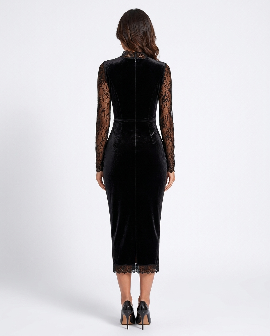 Black Velvet Midi Dress Long Sleeve Lace Bodycon Formal