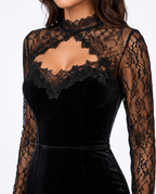 Black Velvet Midi Dress Long Sleeve Lace Bodycon Formal