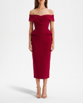 Red Corset Midi Dress – Off-Shoulder Christmas Cocktail Party Gown