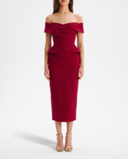 Red Corset Midi Dress – Off-Shoulder Christmas Cocktail Party Gown