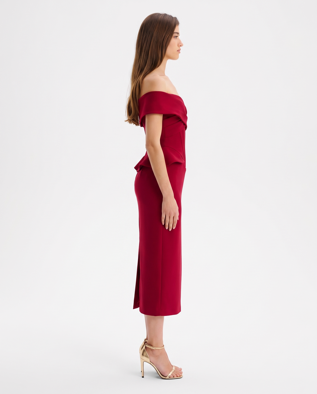 Red Corset Midi Dress – Off-Shoulder Christmas Cocktail Party Gown