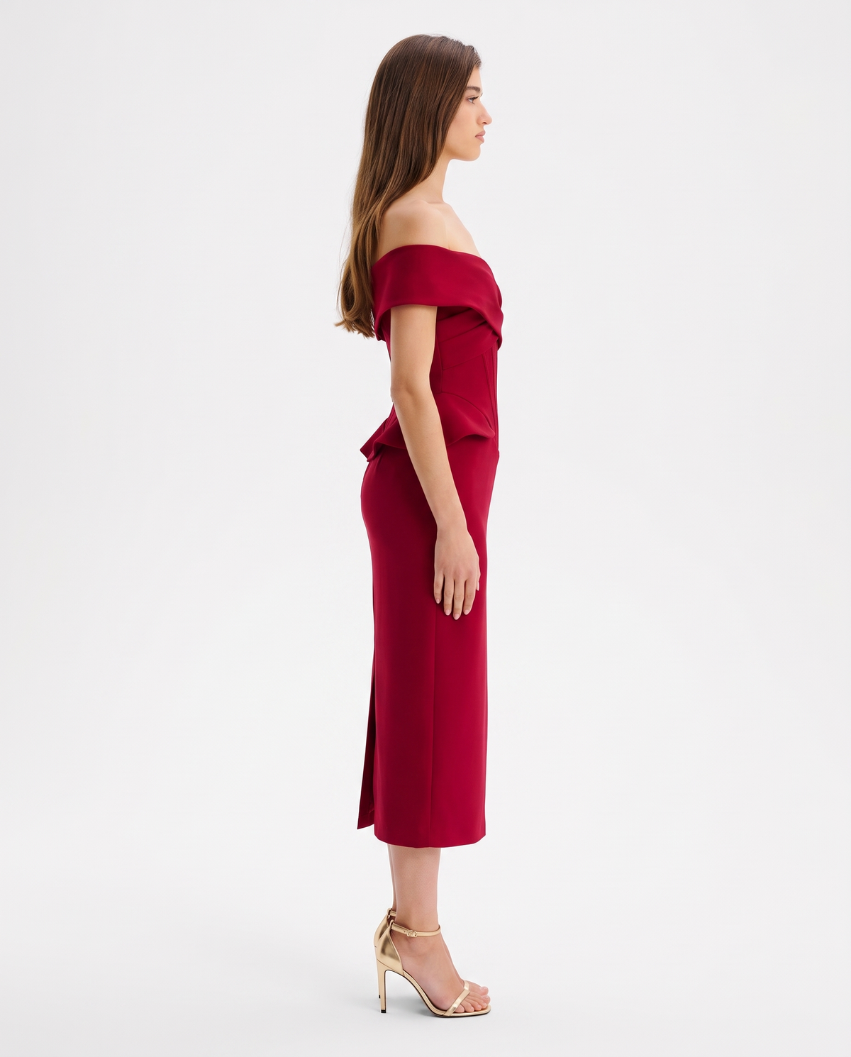 Red Corset Midi Dress – Off-Shoulder Christmas Cocktail Party Gown
