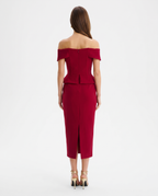 Red Corset Midi Dress – Off-Shoulder Christmas Cocktail Party Gown