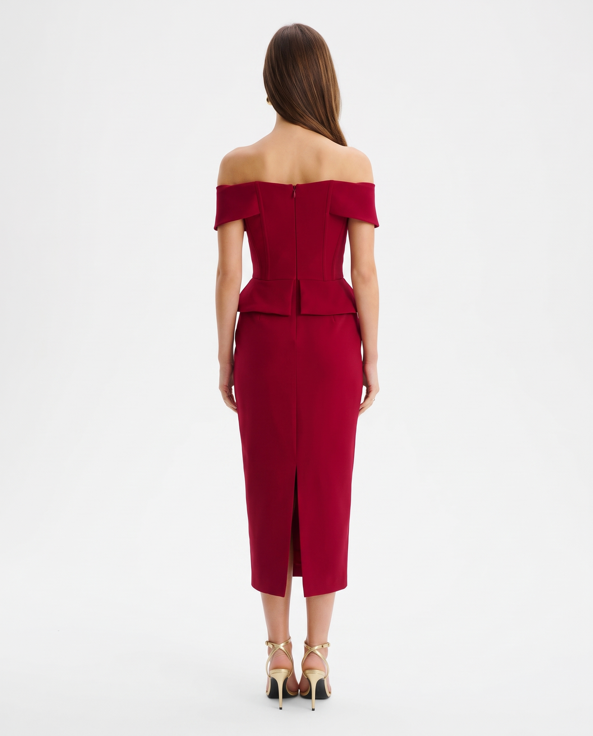 Red Corset Midi Dress – Off-Shoulder Christmas Cocktail Party Gown