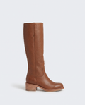 Women's Brown Leather Knee High Boots – Stacked Block Heel