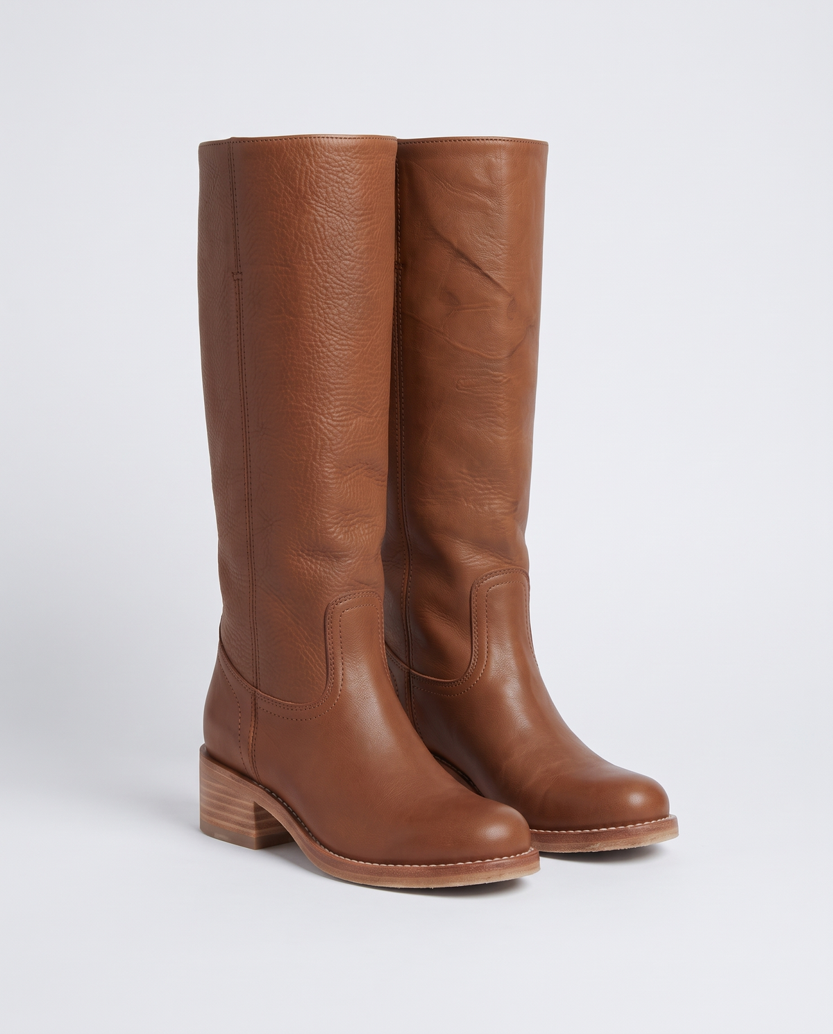Women's Brown Leather Knee High Boots – Stacked Block Heel