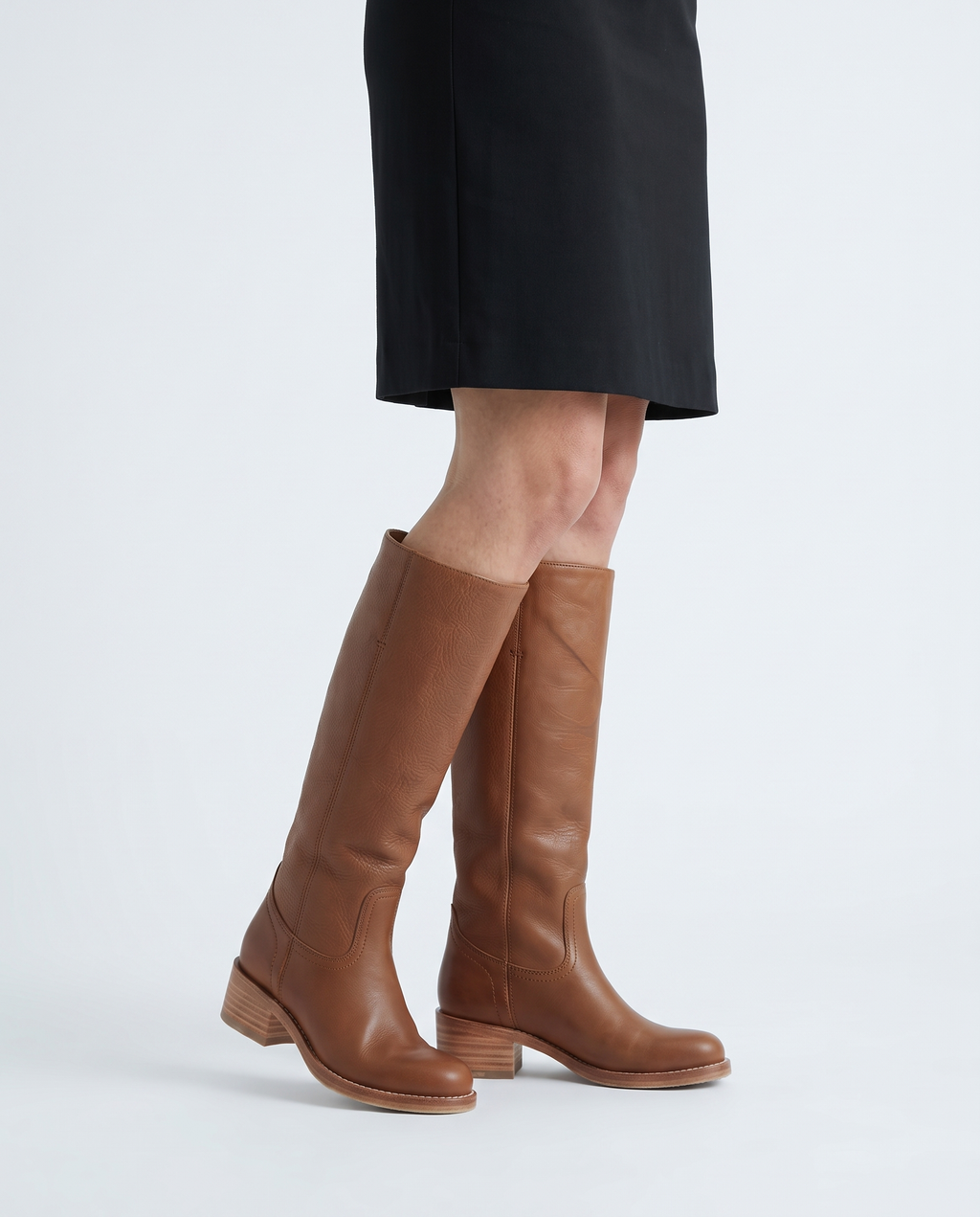 Women's Brown Leather Knee High Boots – Stacked Block Heel