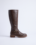 Women's Dark Brown Leather Knee High Boots – Buckle Low Heel