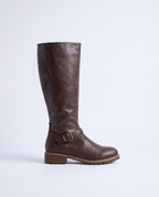 Women's Dark Brown Leather Knee High Boots – Buckle Low Heel