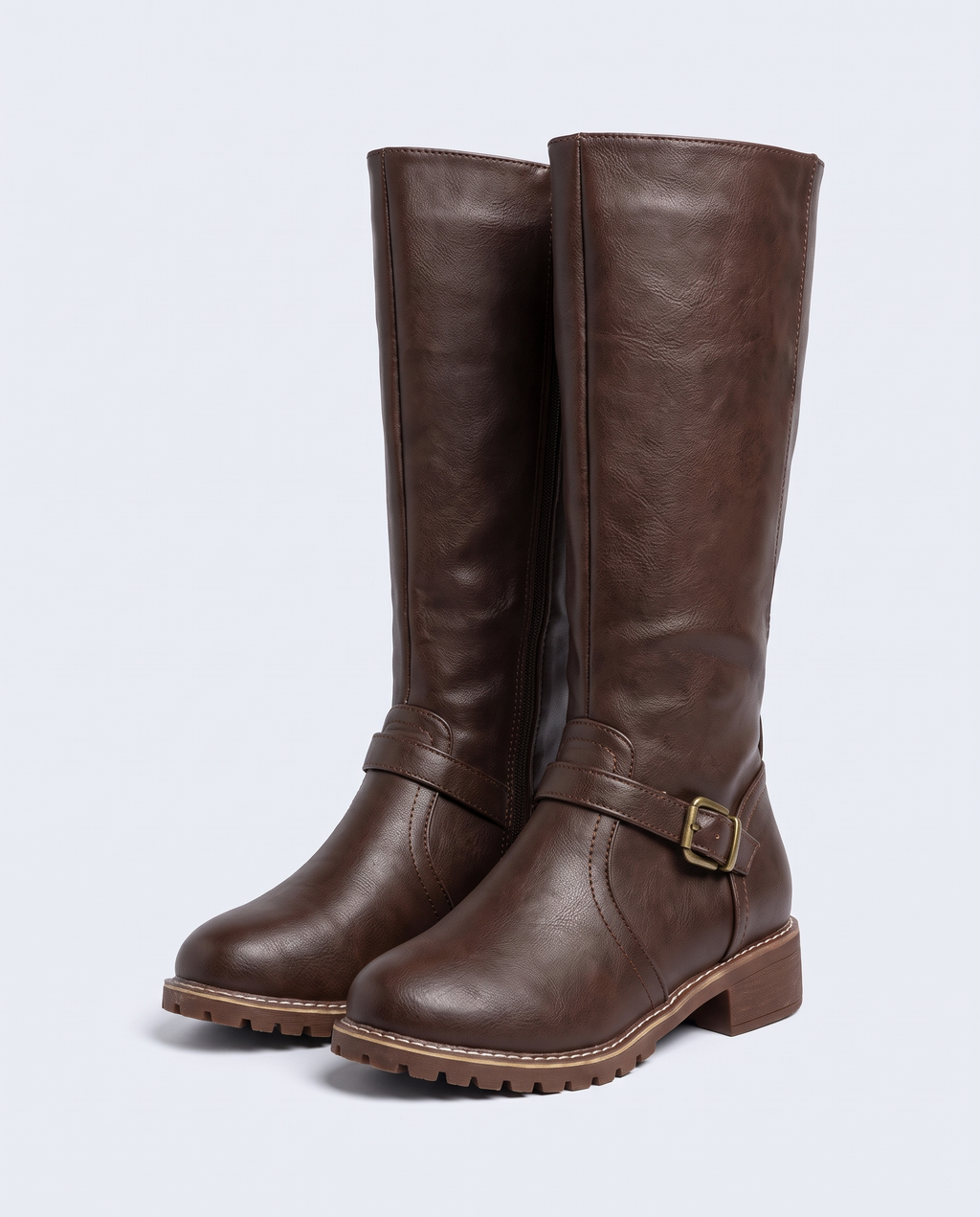 Women's Dark Brown Leather Knee High Boots – Buckle Low Heel