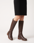 Women's Dark Brown Leather Knee High Boots – Buckle Low Heel