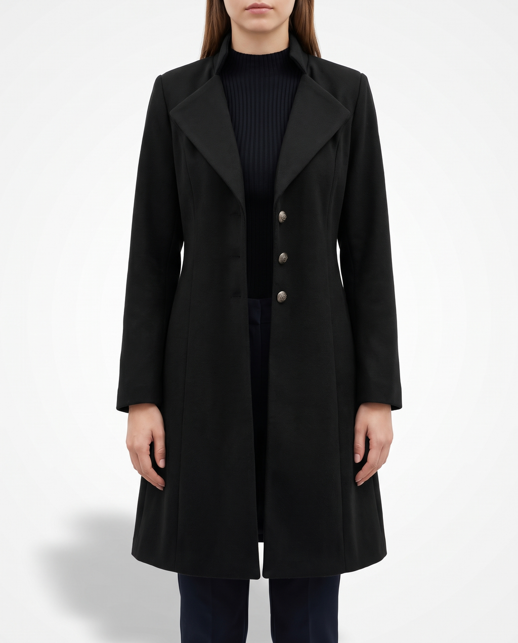 Women's Long Winter Coat – Tailored Fitted Jacket with Lapel