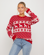 Women's Red Christmas Jumper – Reindeer Fair Isle Knit Sweater