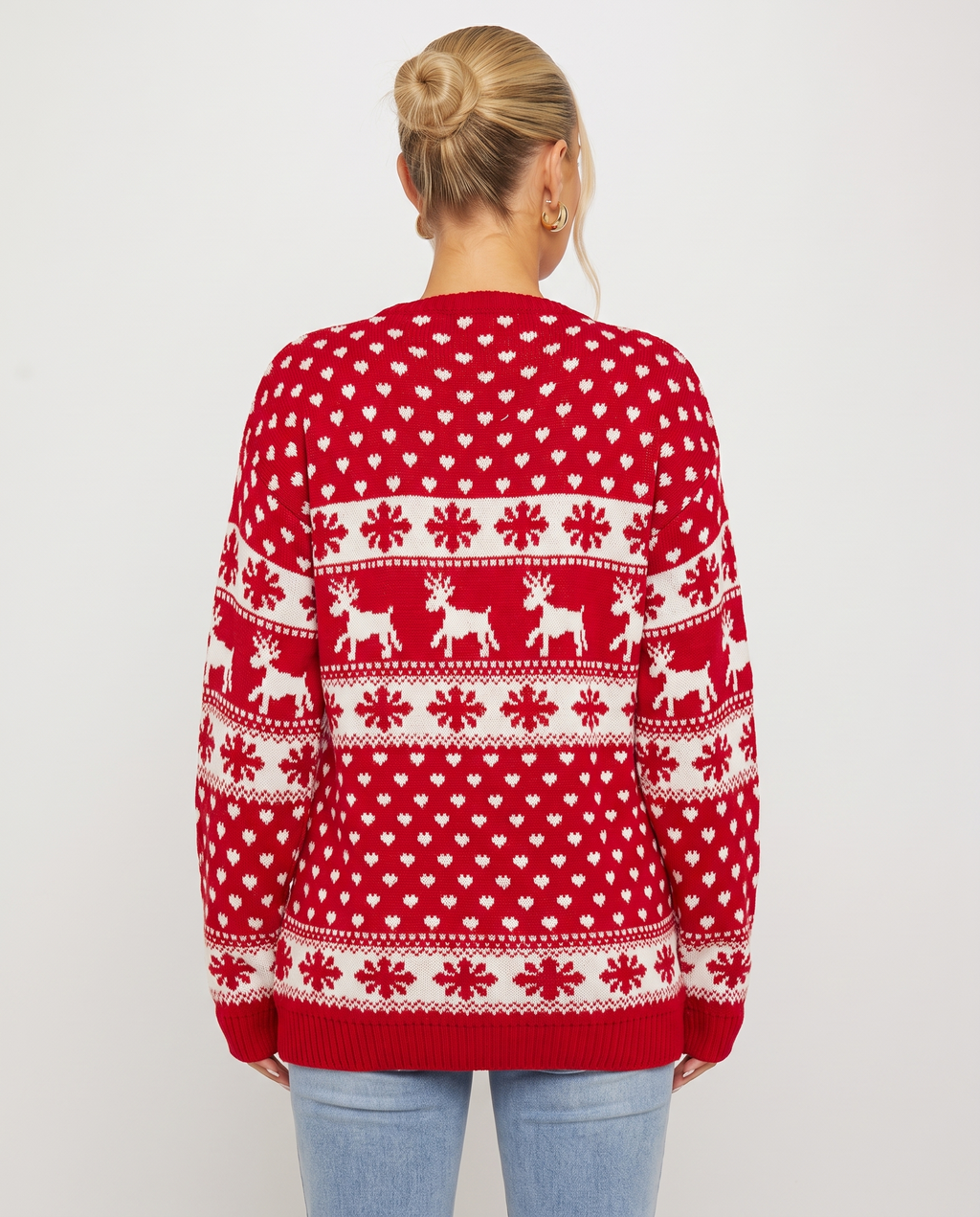 Women's Red Christmas Jumper – Reindeer Fair Isle Knit Sweater