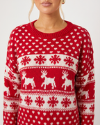 Women's Red Christmas Jumper – Reindeer Fair Isle Knit Sweater
