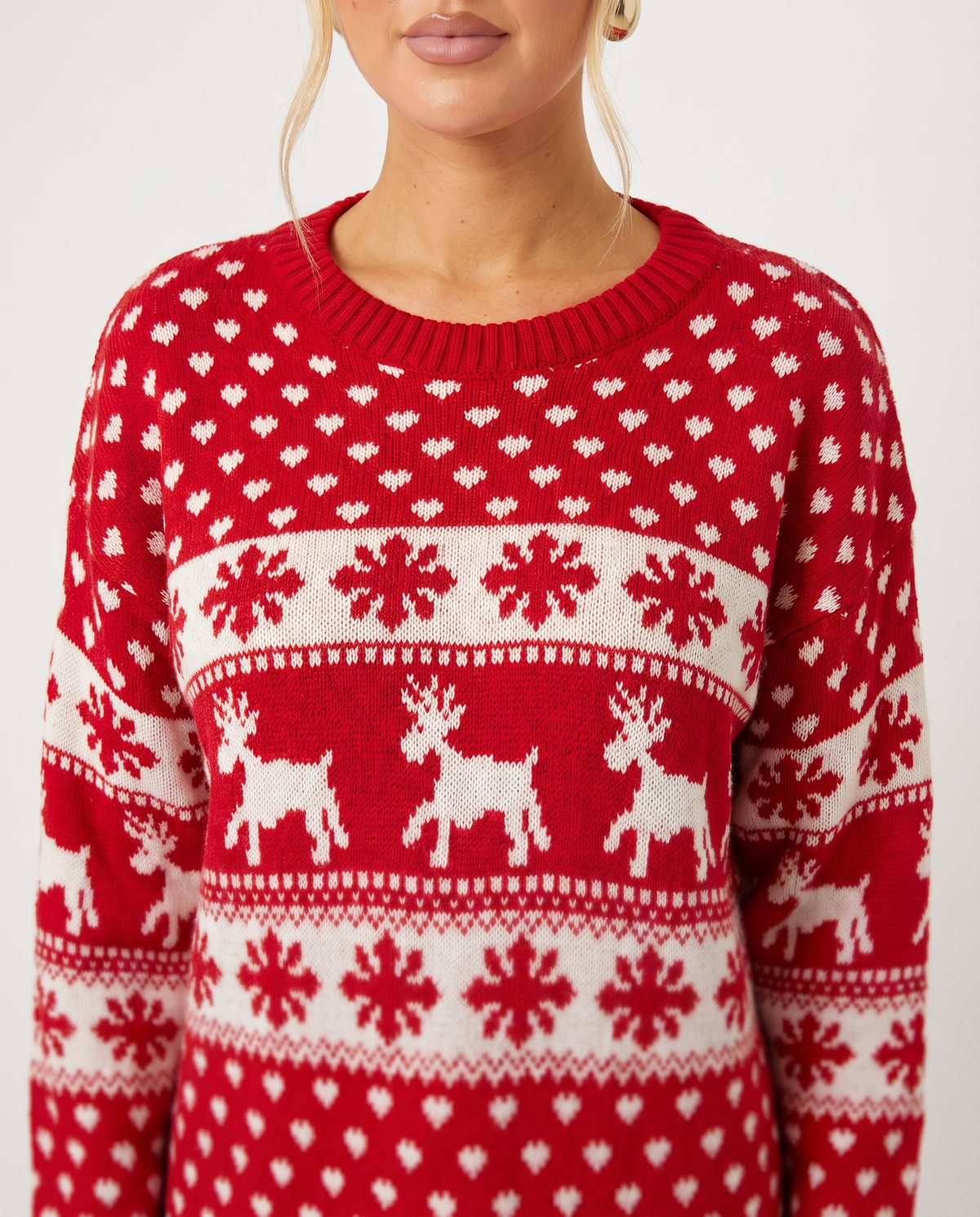 Women's Red Christmas Jumper – Reindeer Fair Isle Knit Sweater