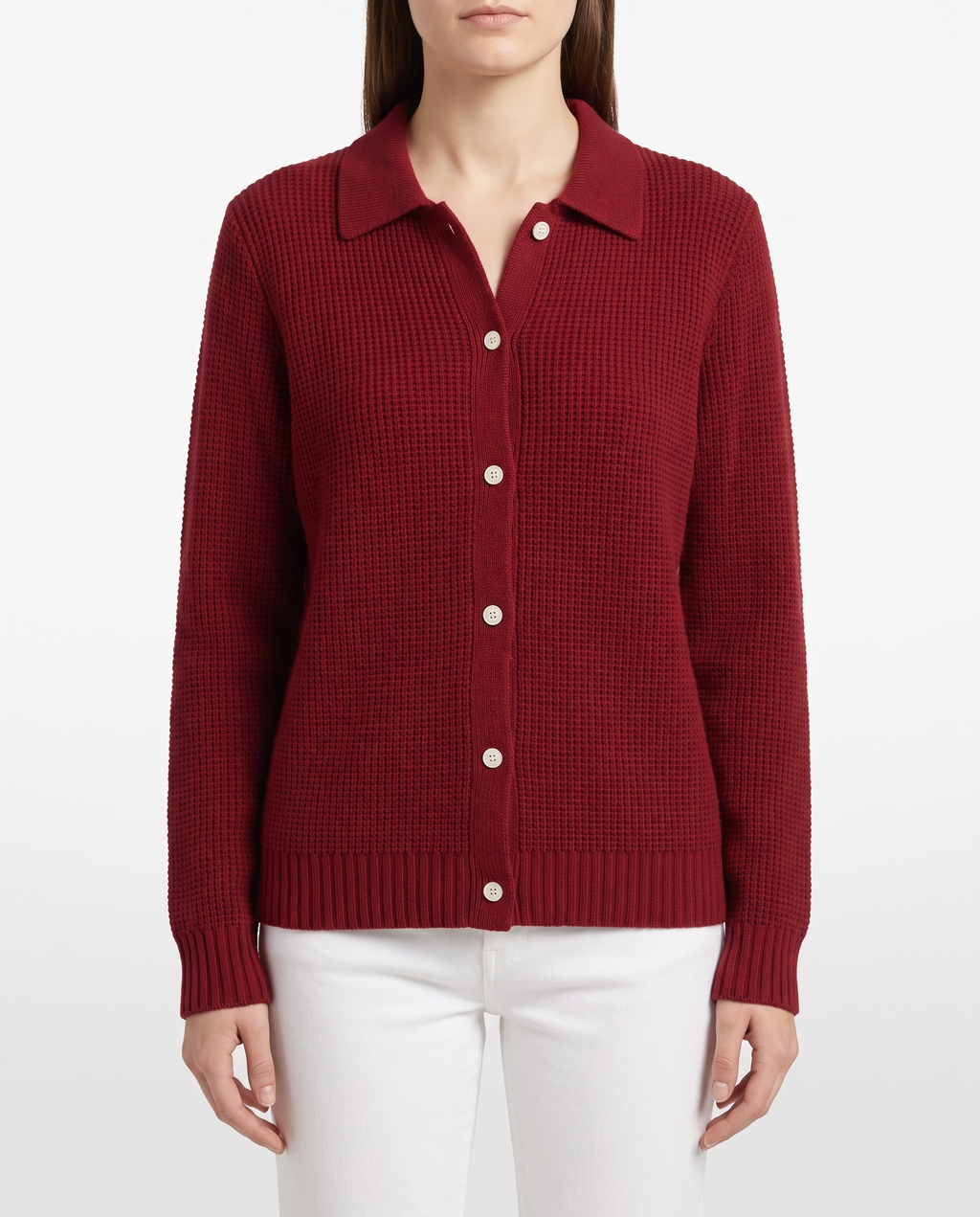 Women's Red Collared Cardigan – Waffle Knit Button Up