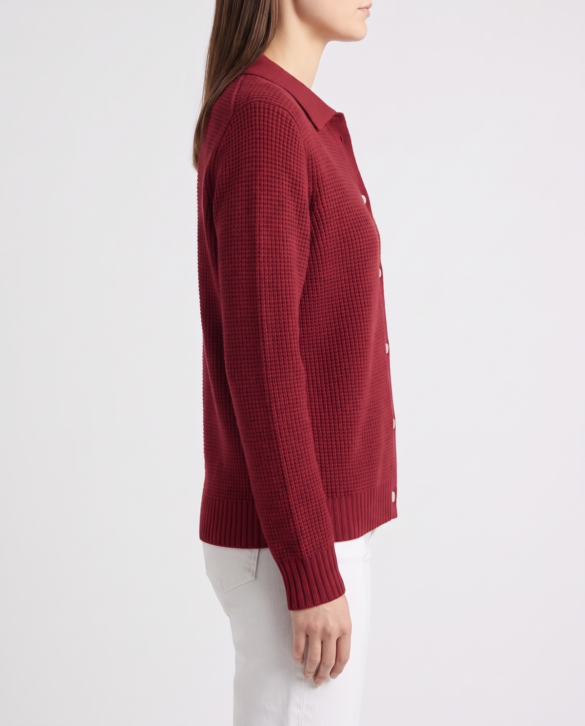 Women's Red Collared Cardigan – Waffle Knit Button Up