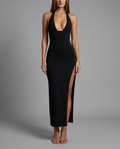 Black Halter-Neck Maxi Dress with Thigh Split