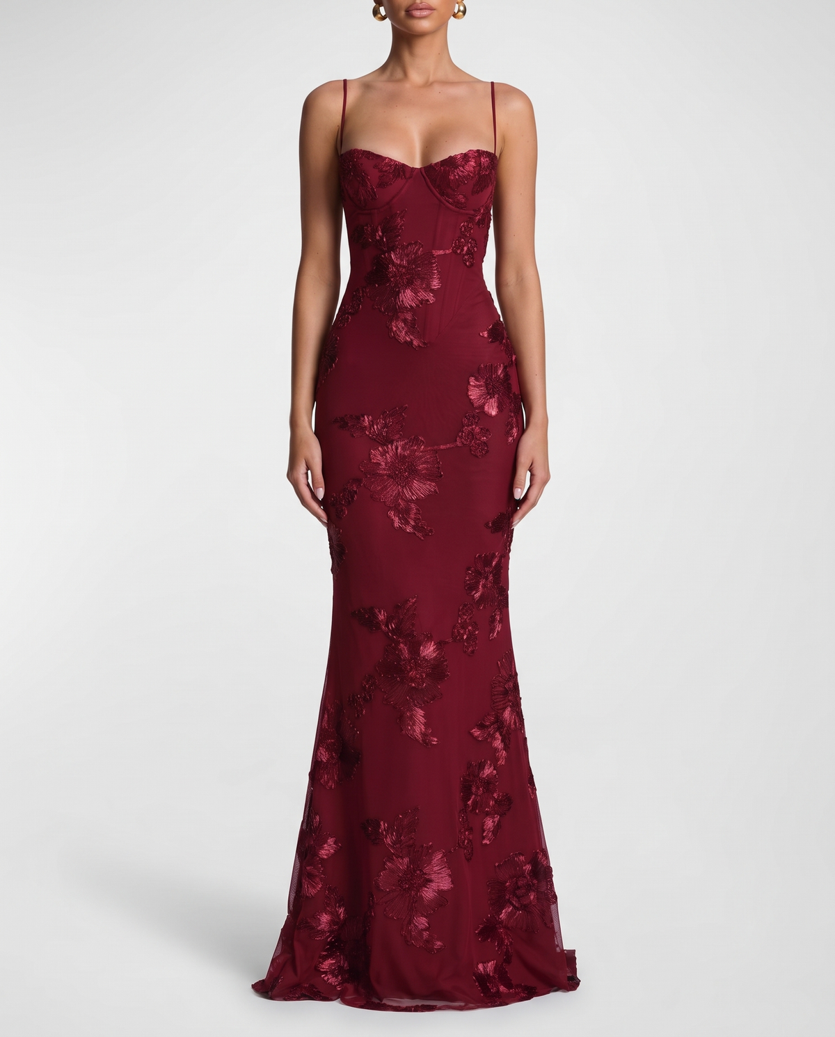 Red Floral Corset Maxi Christmas Dress with Lace-Up Back