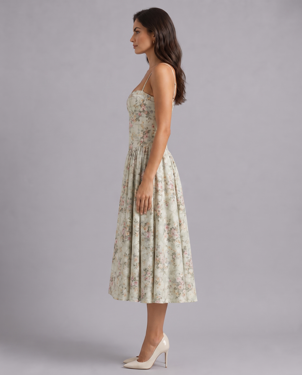 Floral Corset Sweetheart Neck Midi Dress