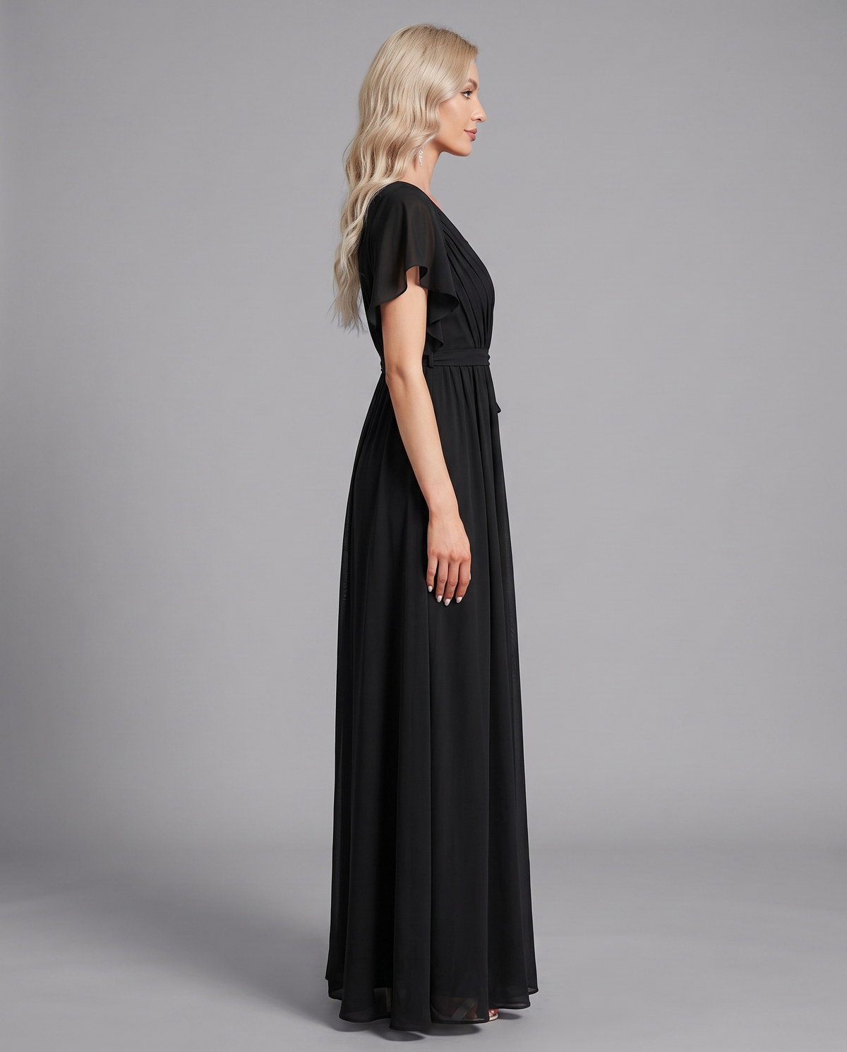 Flutter Sleeve Floor-Length Chiffon Evening Dress