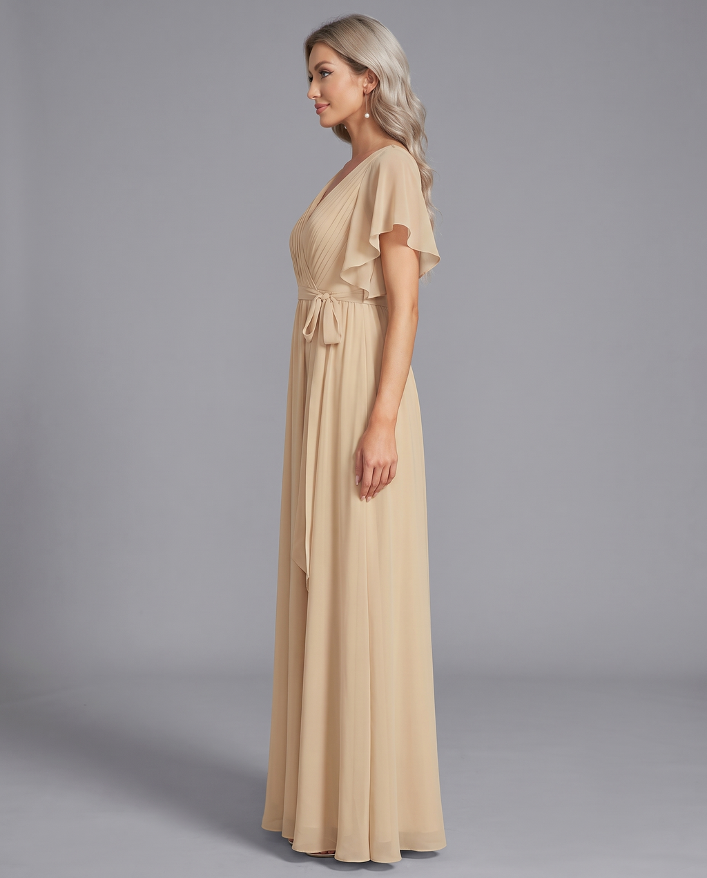 Flutter Sleeve Floor-Length Chiffon Evening Dress